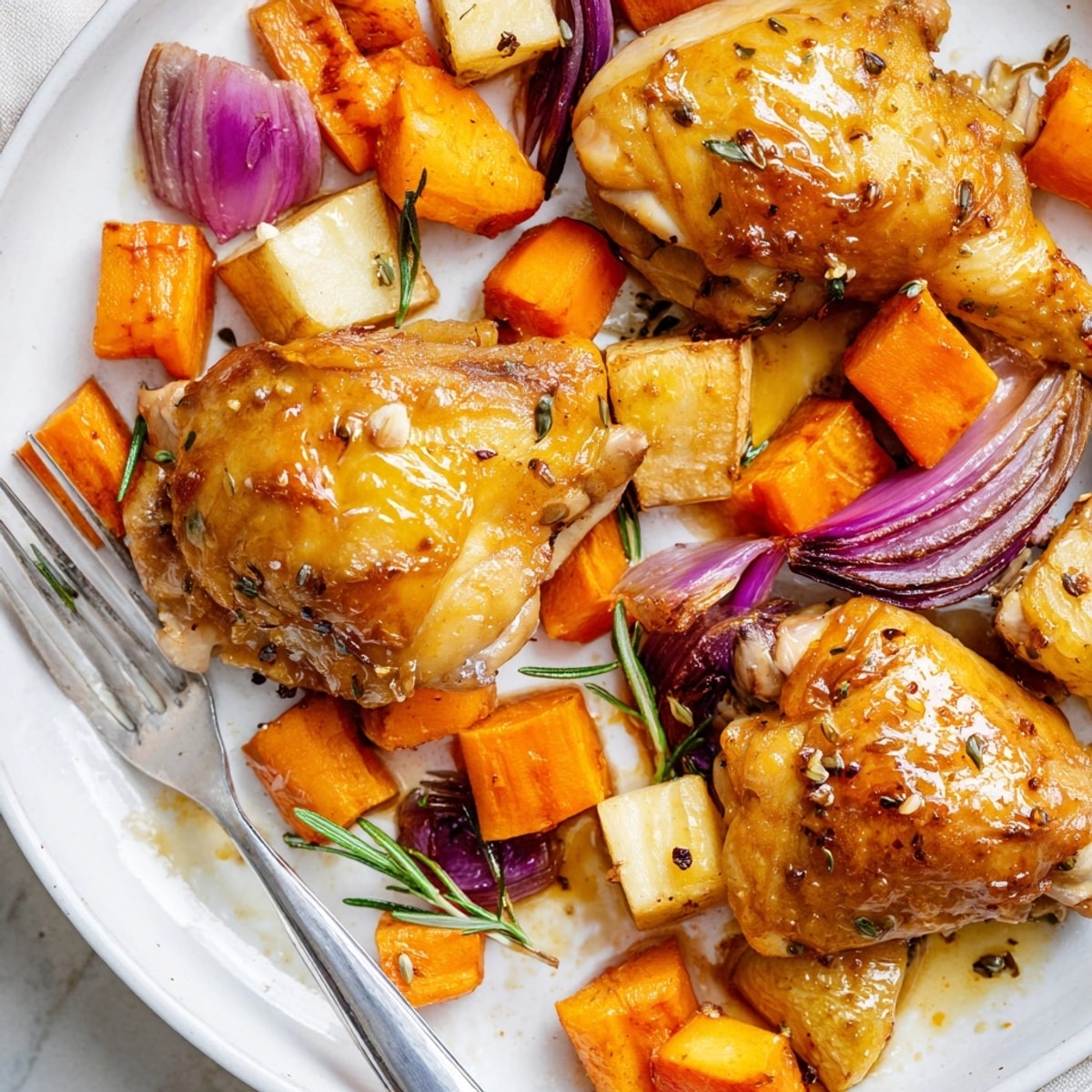 Golden Honey-Glazed Chicken with Roasted Root Vegetables glistens warmly from the oven's heat.