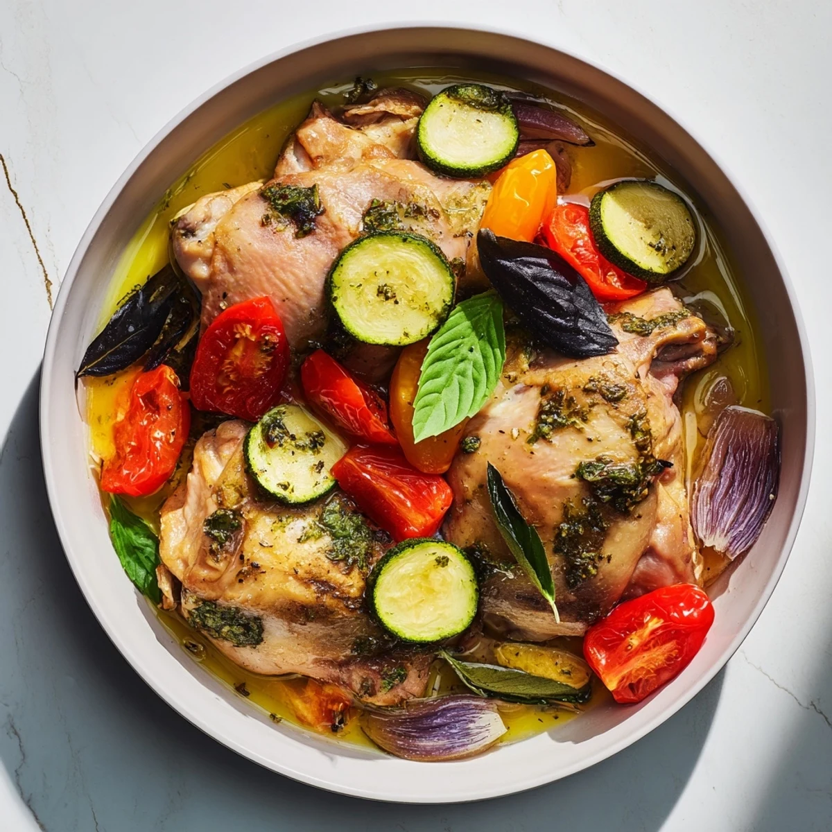 Golden-brown basil-infused roasted chicken and vegetables comprise this easy and flavorful sheet pan dinner.
