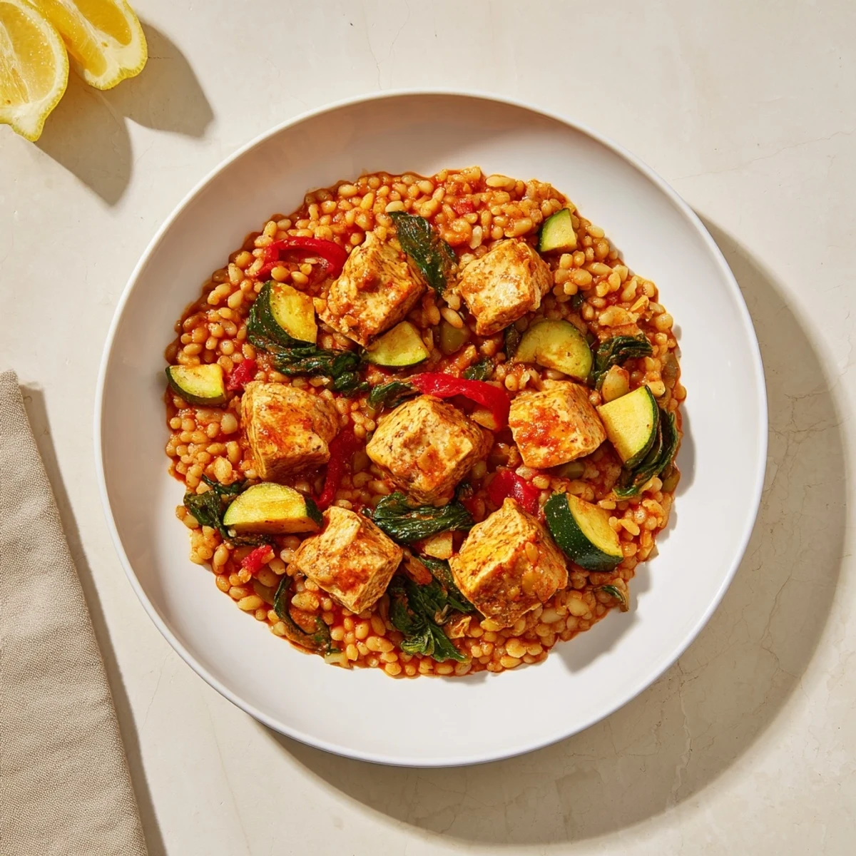 A steaming bowl of Smoky Mediterranean Lamb and Orzo Supper, ready to eat with crumbled feta.
