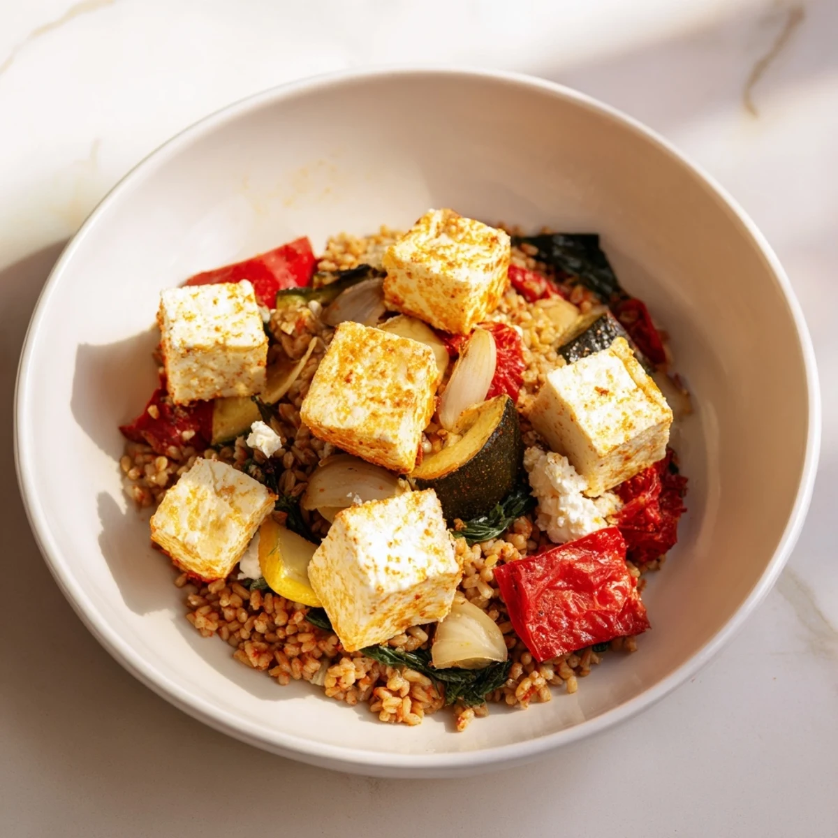 The vibrant colors of the Smoky Mediterranean Lamb and Orzo Supper are showcased with fresh parsley and lemon.