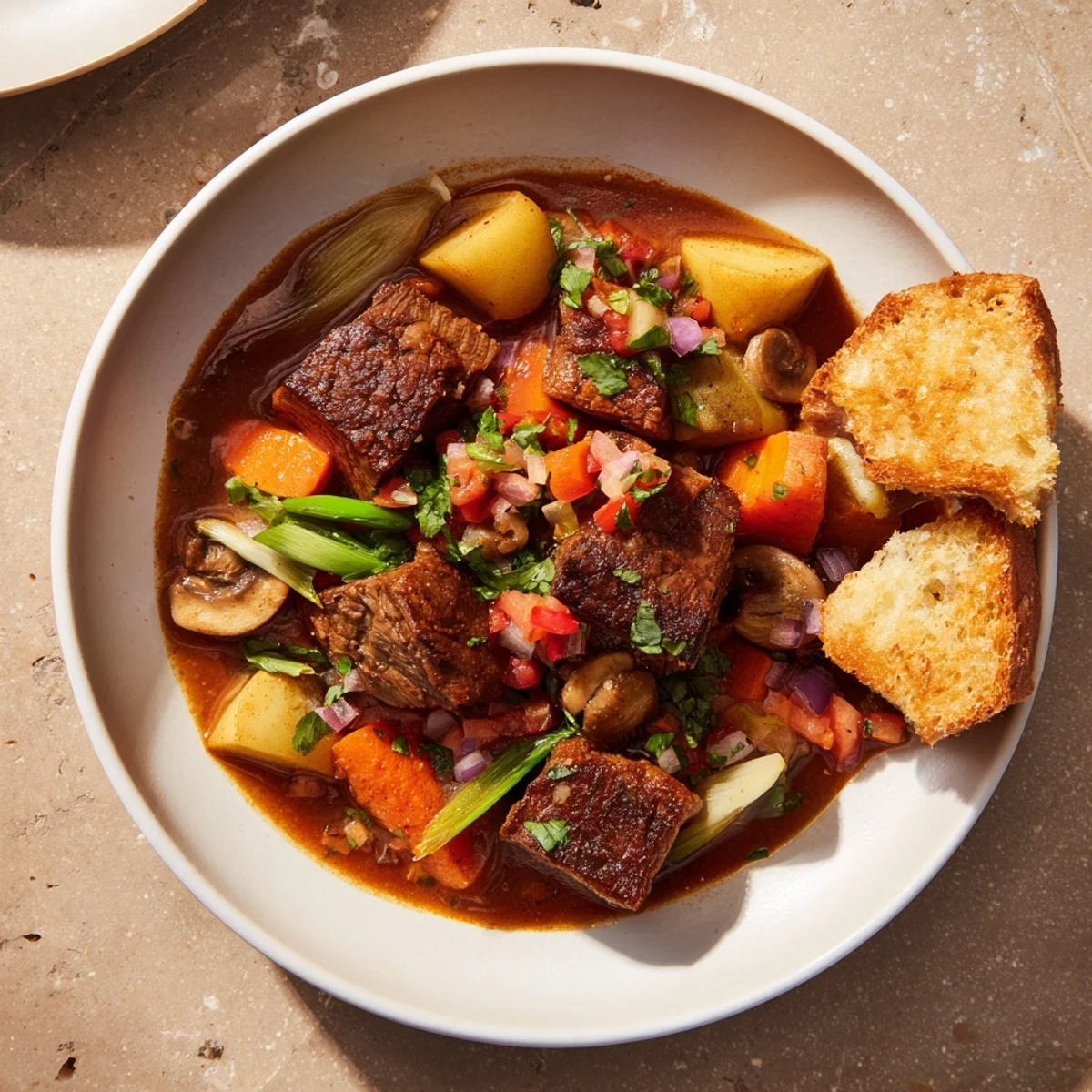 This image shows a rich, savory beef stew served with slices of crusty homemade bread.