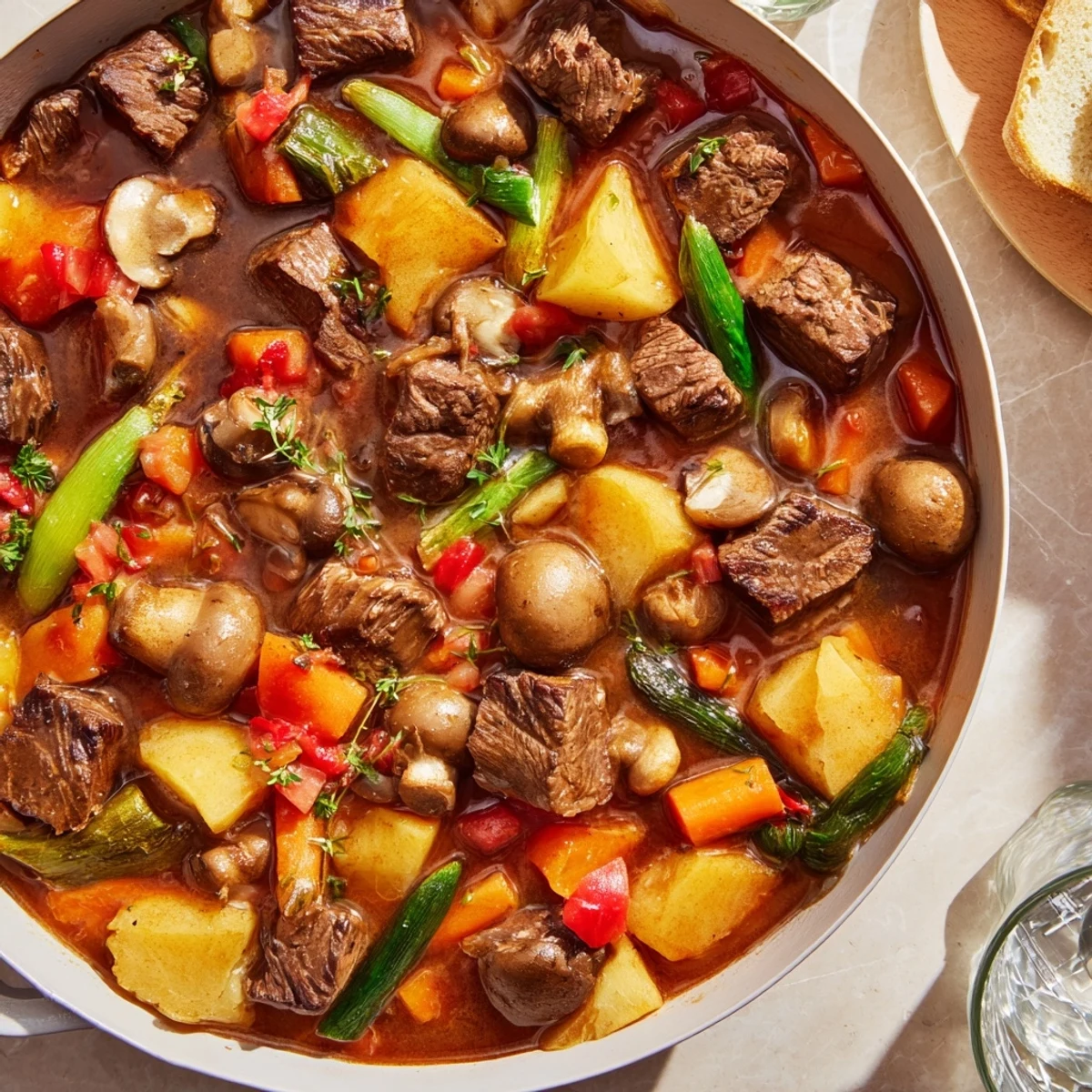Earthy Beef Stew with Crusty Homemade Bread: a warm bowl of stew and freshly baked, golden loaf.