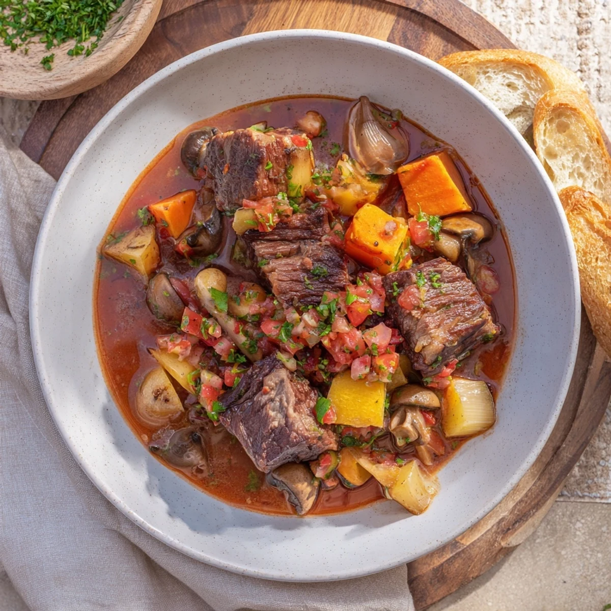 Enjoy a comforting view: a hearty Earthy Beef Stew with the perfect crust on the homemade bread.