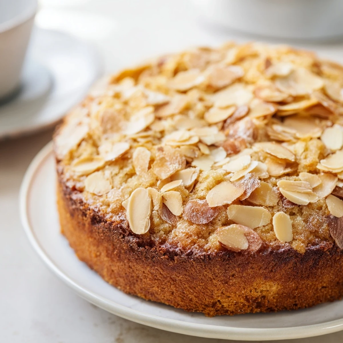 Freshly baked soft sweet plum almond cake, showcasing juicy plums and enticing aroma.