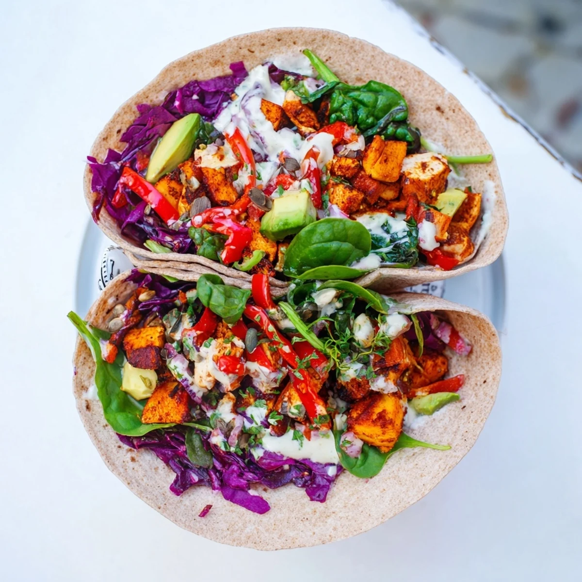 Tempting photo of vibrant Poppy-Inspired Chicken Salad Wraps, a colorful and healthy lunch.