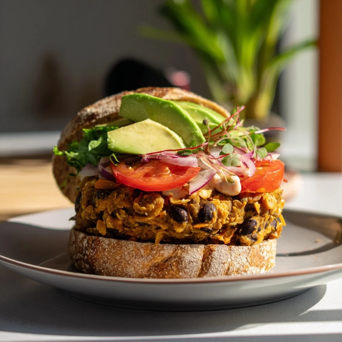 Zesty black bean burgers sizzling in a pan, ready to be layered with fresh avocado and toppings.