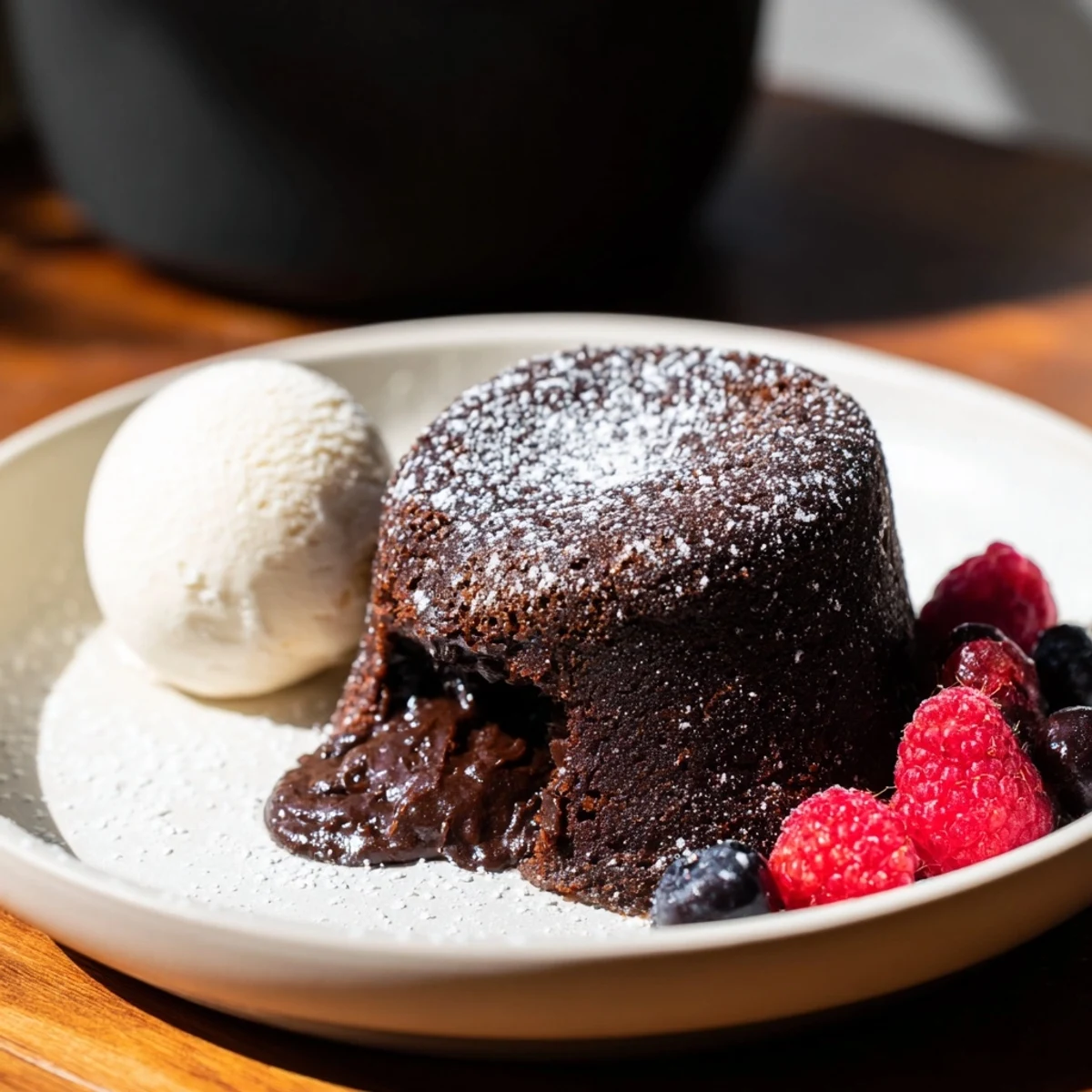 Warm and gooey dark chocolate lava cakes, perfect with ice cream and fresh berries.