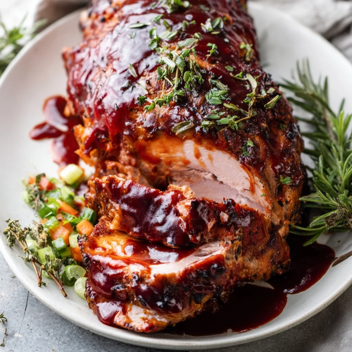 Steaming slices of fresh, delicious Everyday Herb-Sprigged Turkey Meatloaf with visible chopped herbs.