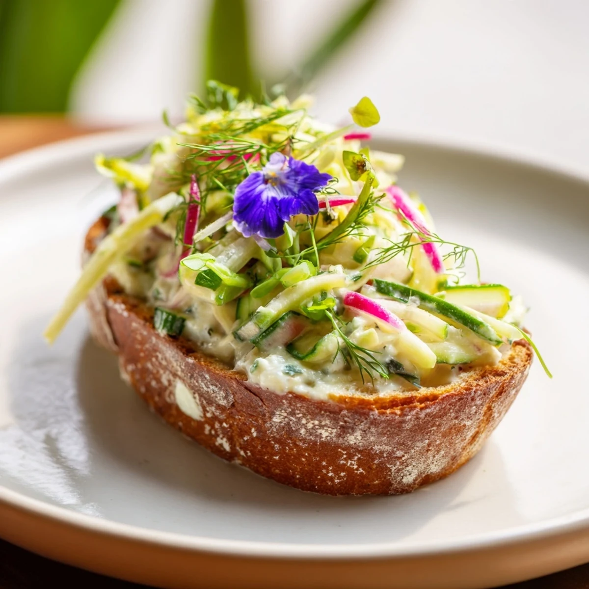 Fresh Meadow-Inspired Garden Vegetable Tartines, showcasing colorful vegetables, creamy cheese on golden, toasted bread.