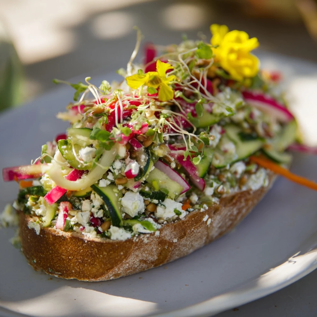 Toasted bread topped with vibrant Fresh Meadow-Inspired Garden Vegetable Tartines, ready for a delicious, healthy lunch.