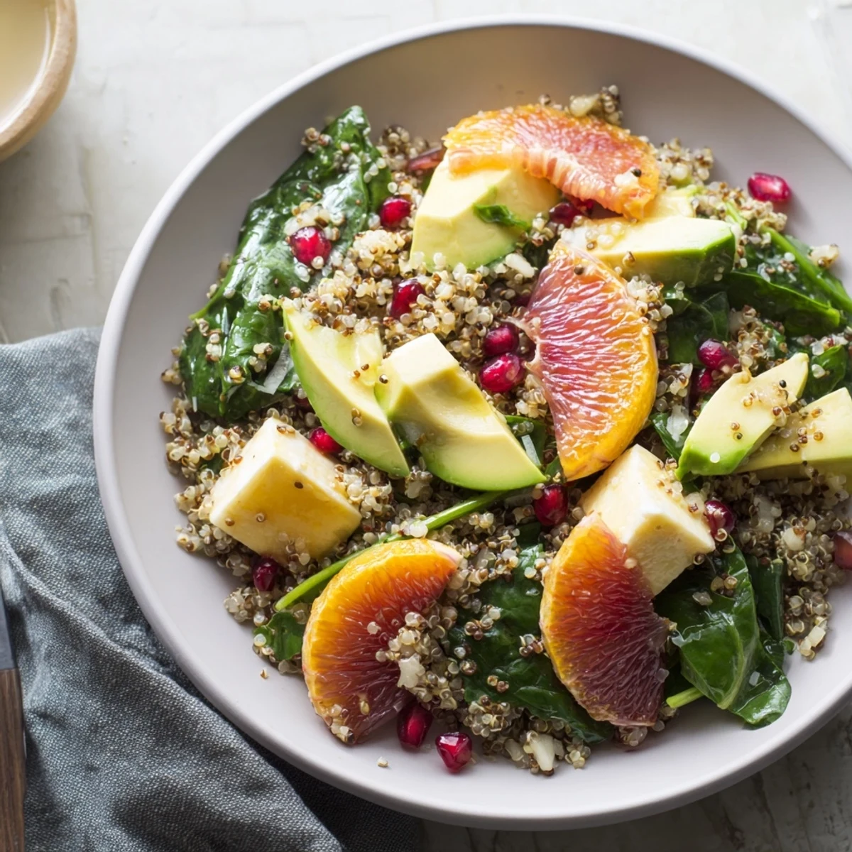 A colorful Fresh Citrus & Avocado Quinoa Bowl with segments of citrus and creamy avocado.