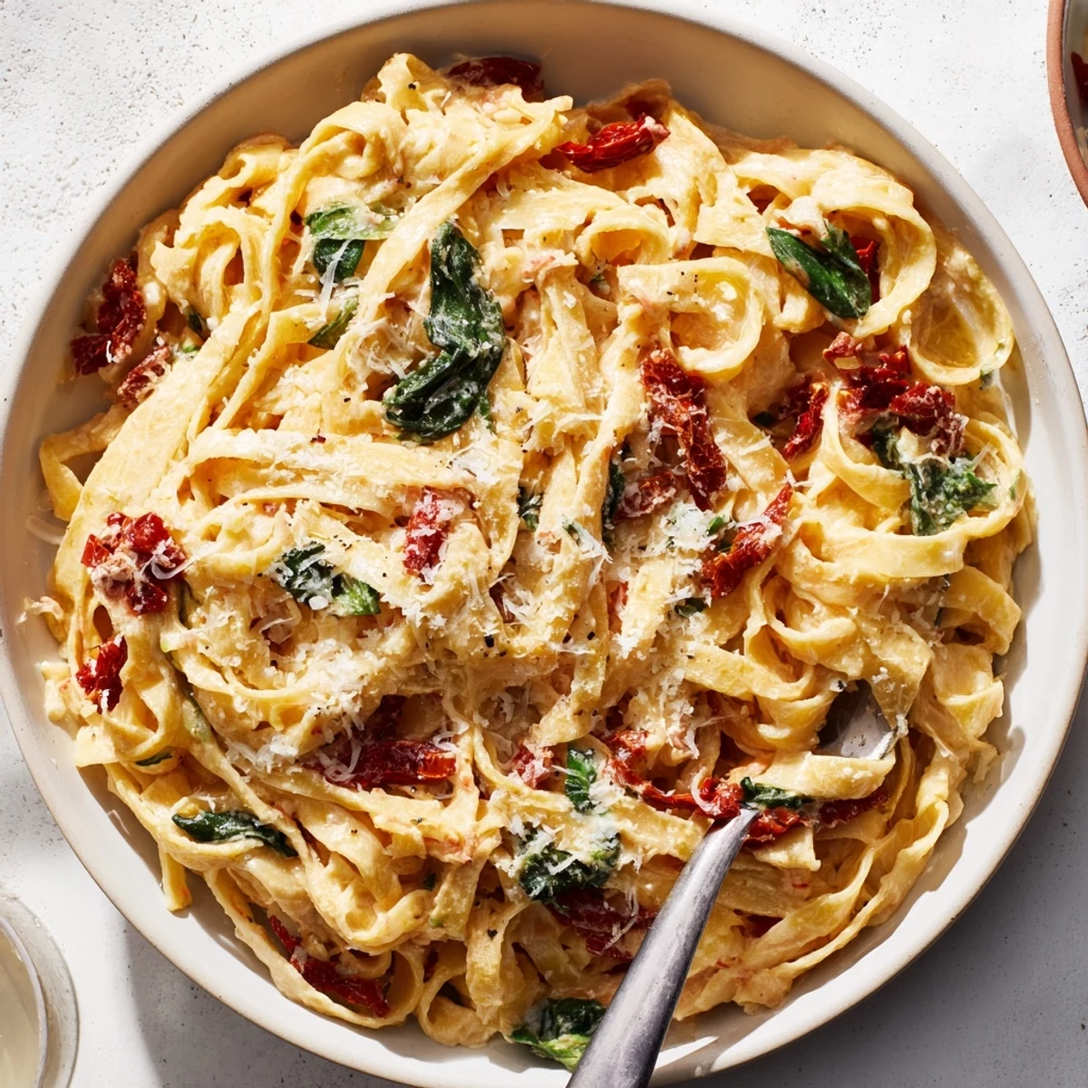 Enjoy a close-up of the delicious One-Pot Creamy Tuscan Garlic Herb Pasta, ready to serve with a sprinkle of fresh herbs.