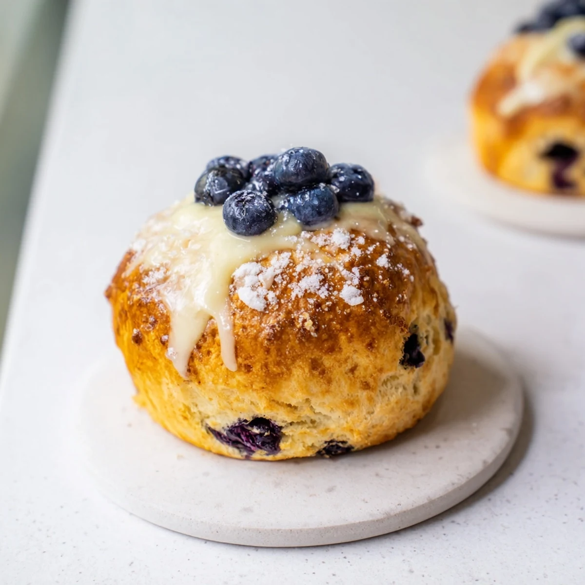 Golden-brown Rustic Birch-Warm Blueberry Scones, bursting with syrupy blueberries, perfect for a special breakfast.