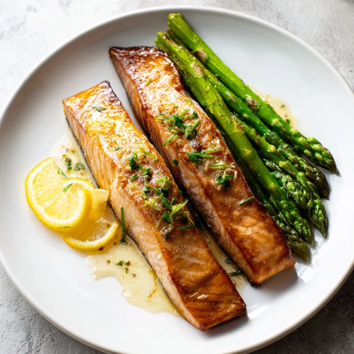 Golden, flaky Skillet Lemon-Butter Salmon with asparagus, seared to perfection in a zesty lemon-butter sauce.