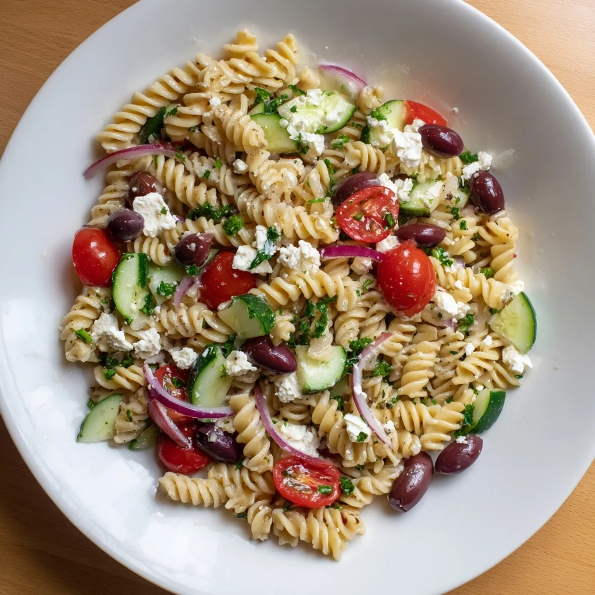 Vibrant Mediterranean Olive Oil and Feta Pasta Salad, boasting colorful veggies and crumbled feta cheese.