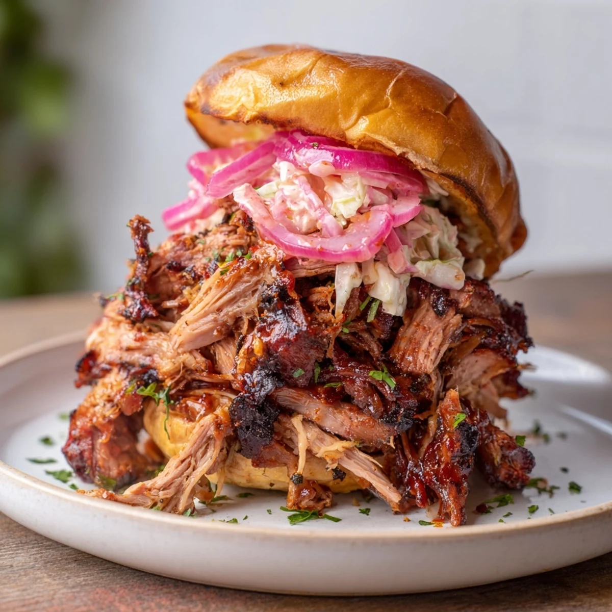 Fire-Kissed BBQ Pulled Pork Sandwiches, piled high on toasted buns, with smoky, glistening BBQ sauce.