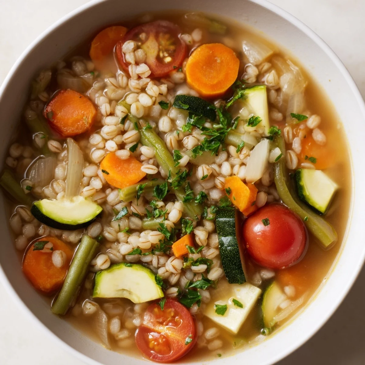 Delicious Simple Homemade Grain and Vegetable Soup, fragrant with herbs, ready to warm you up on a chilly day.