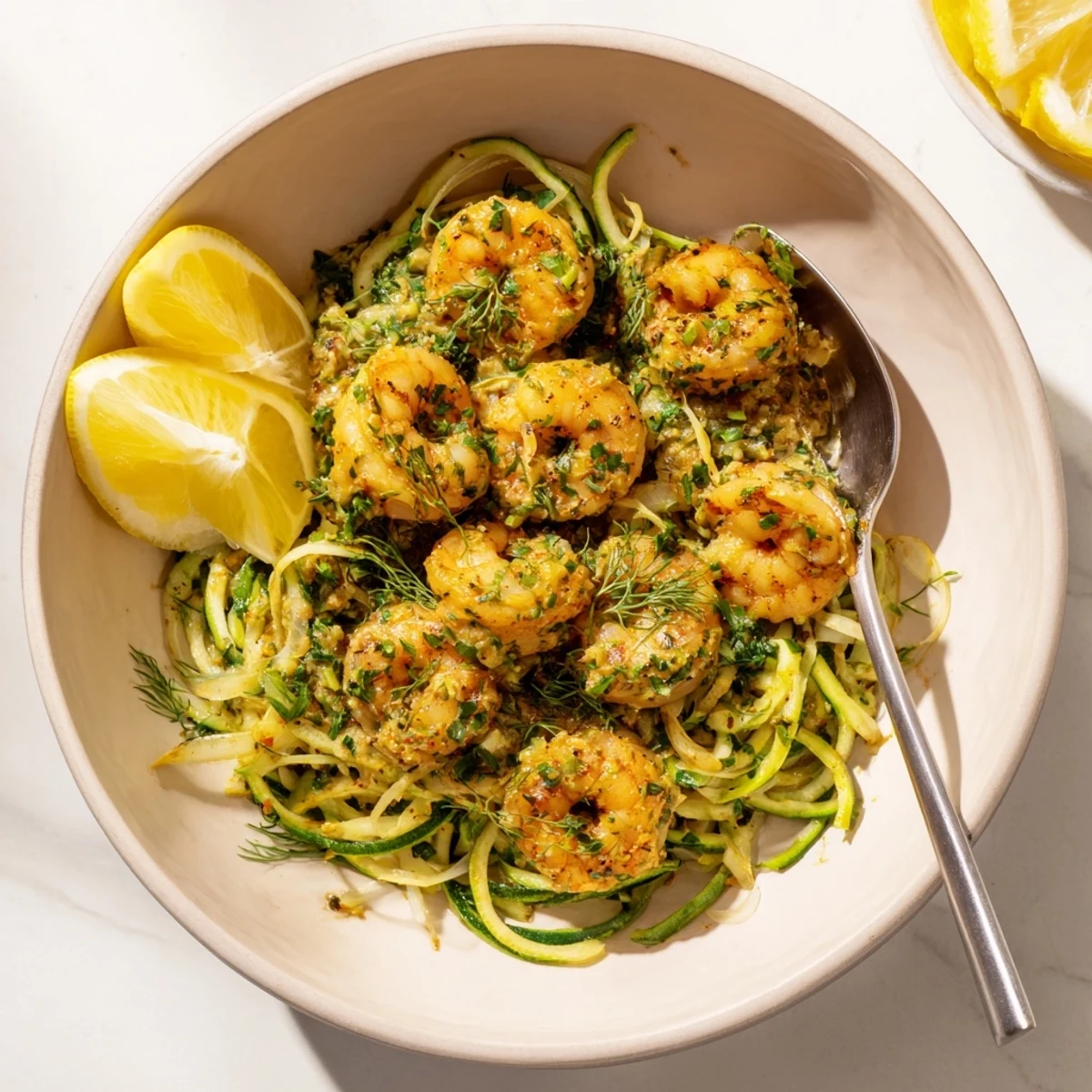 Light & Bright Lemon Herb Shrimp Scampi, glistening from the lemon sauce, ready to be served over pasta.