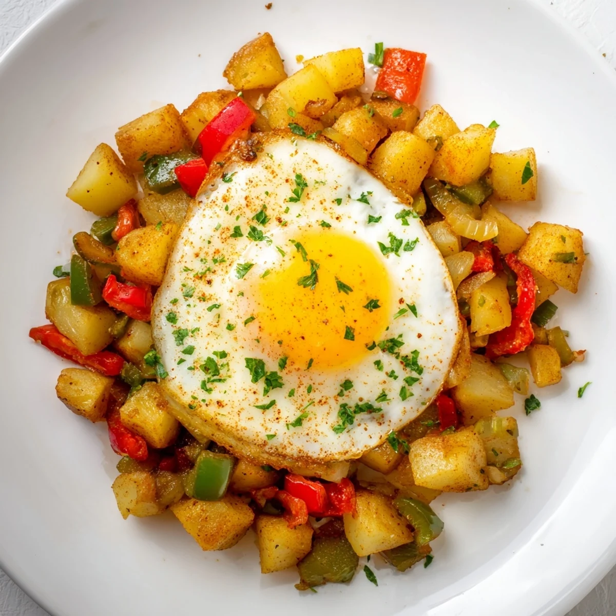Simple Skillet Egg and Potato Hash with golden potatoes and runny yolks, a hearty breakfast or dinner.