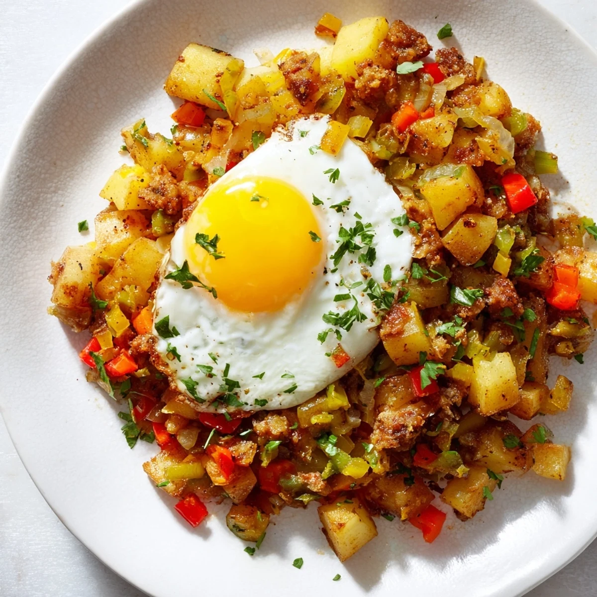 This Simple Skillet Egg and Potato Hash shows fluffy eggs nestled in a skillet of savory vegetables.