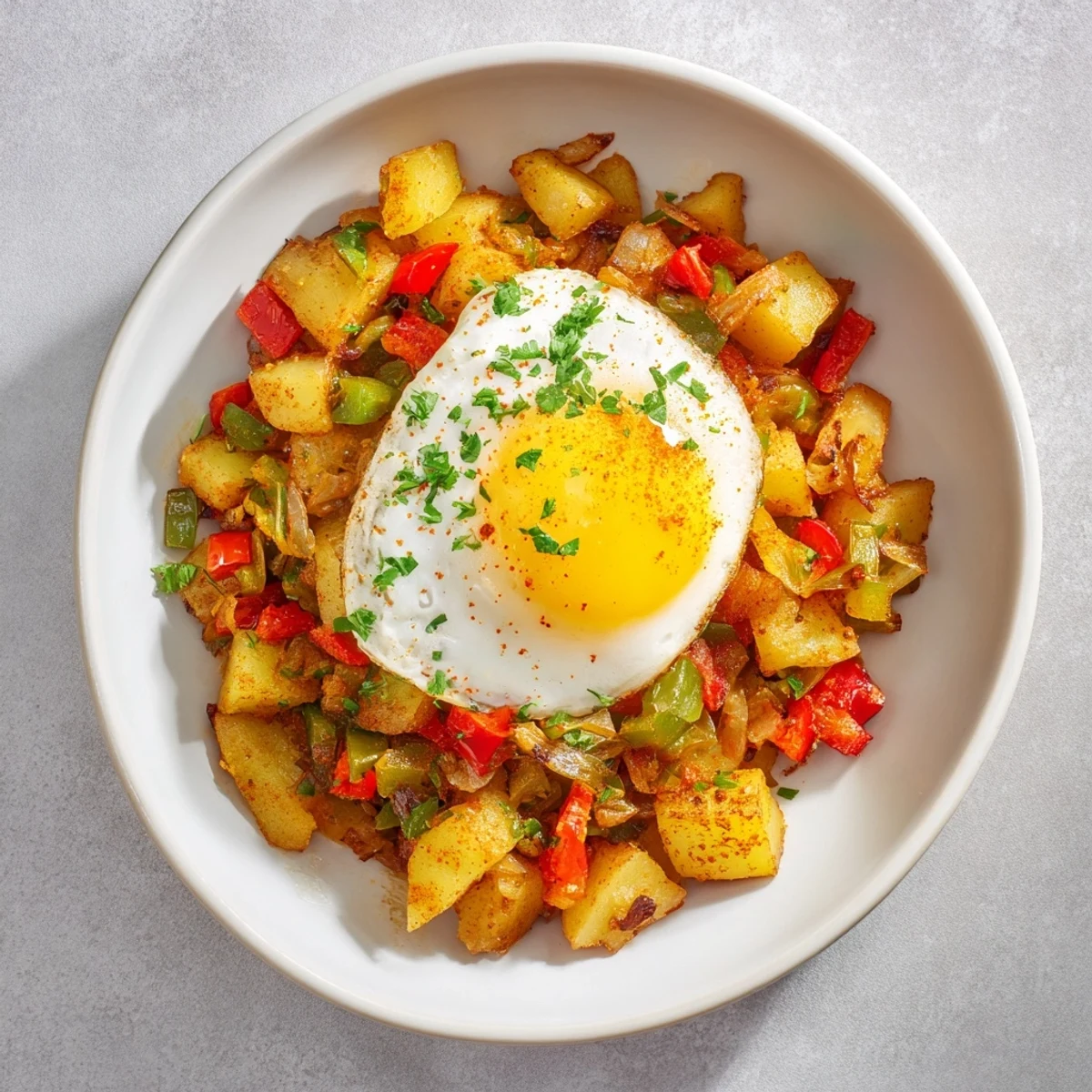 Freshly made Simple Skillet Egg and Potato Hash, a one-pan American meal with crispy potatoes and peppers.