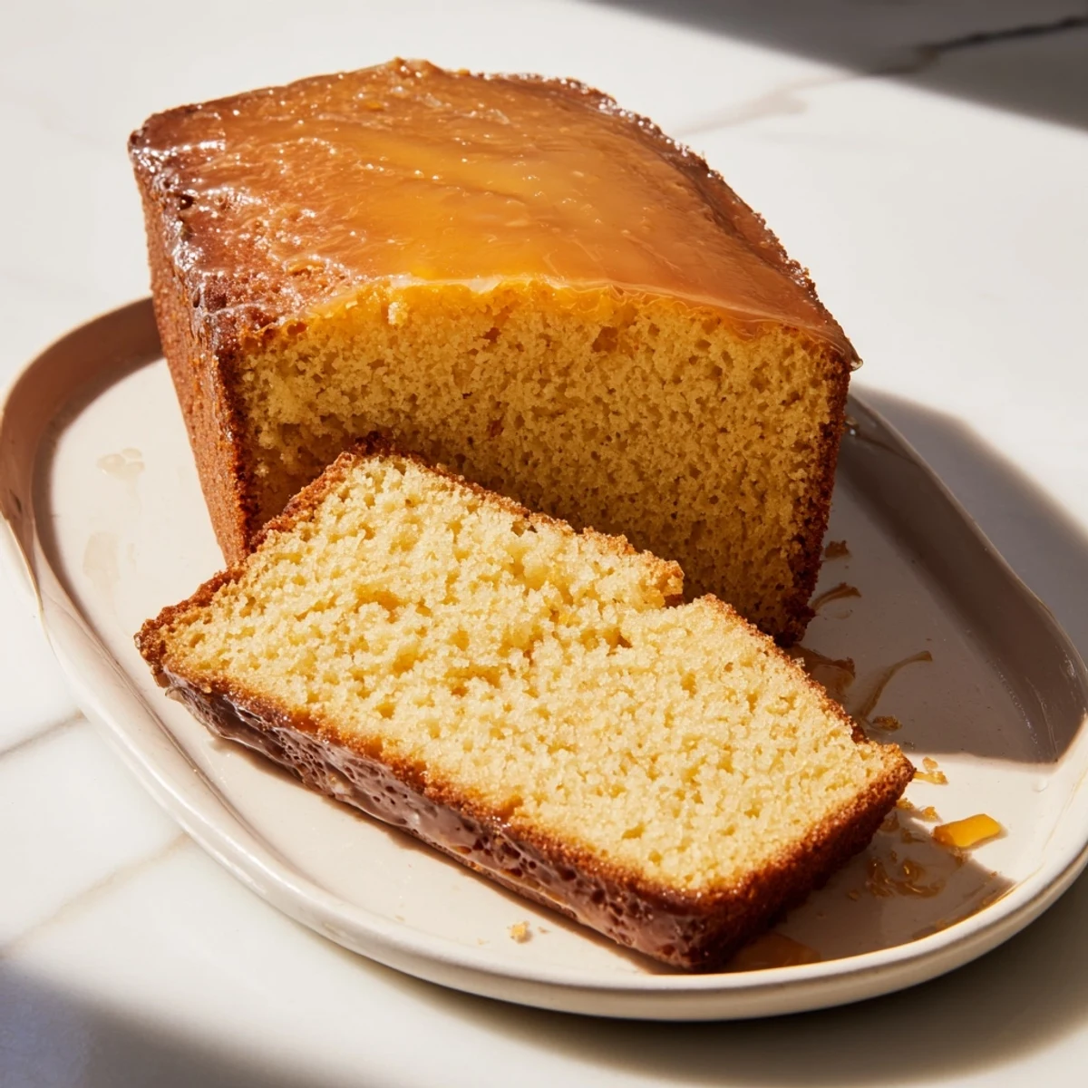 Golden honey pound cake, a warm slice showing off the tender, golden crumb texture and honey glaze.