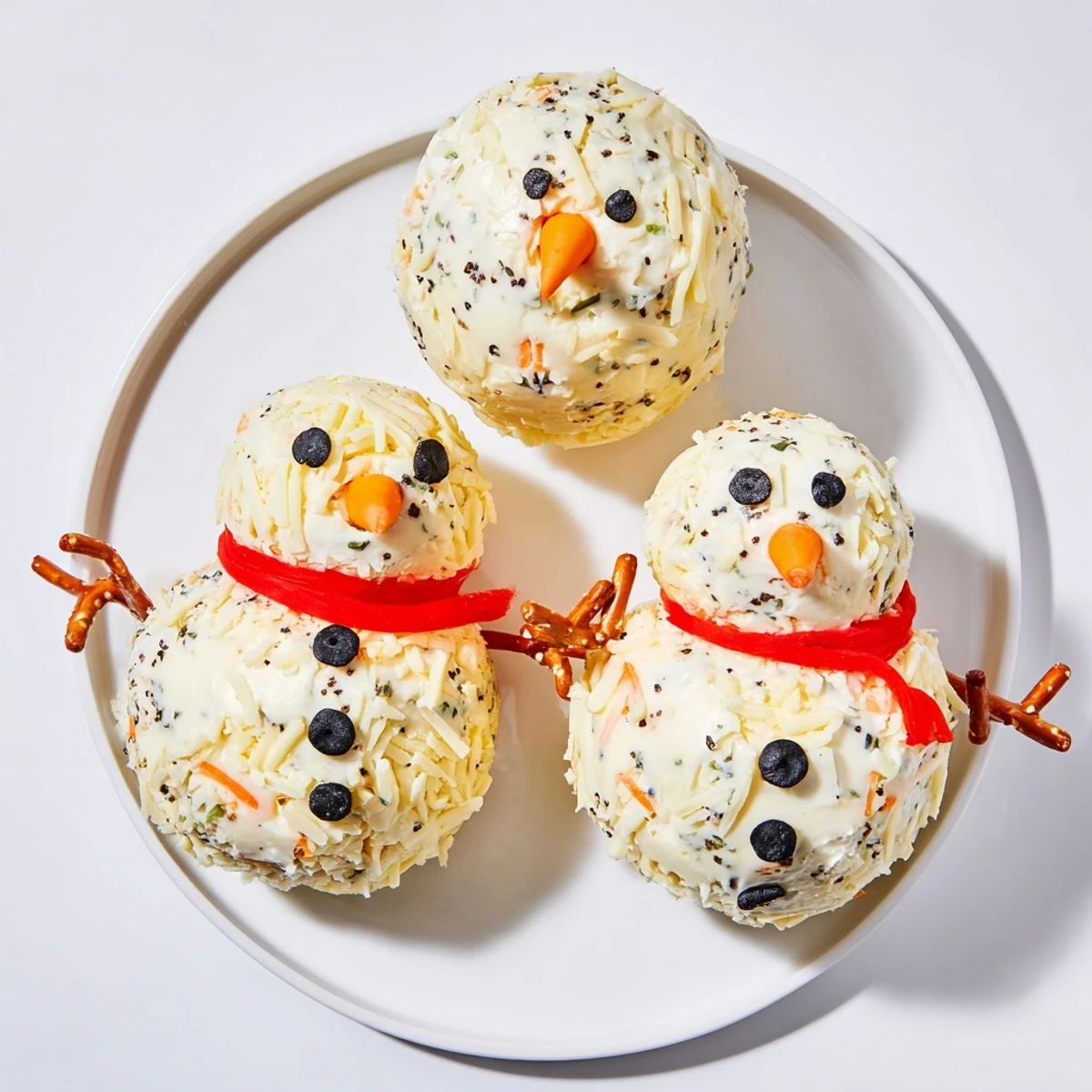 Festive Snowman Cheese Ball Trio: creamy cheese snowmen, adorned with carrot noses, ready to serve with crackers.