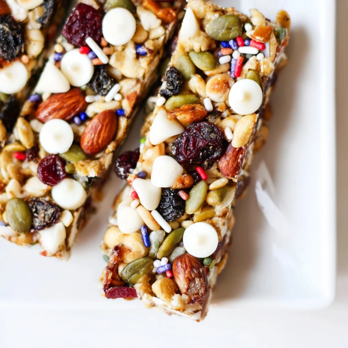 Golden Winter Wonderland Trail Mix Bars, studded with white chocolate, ready to be cut and enjoyed.