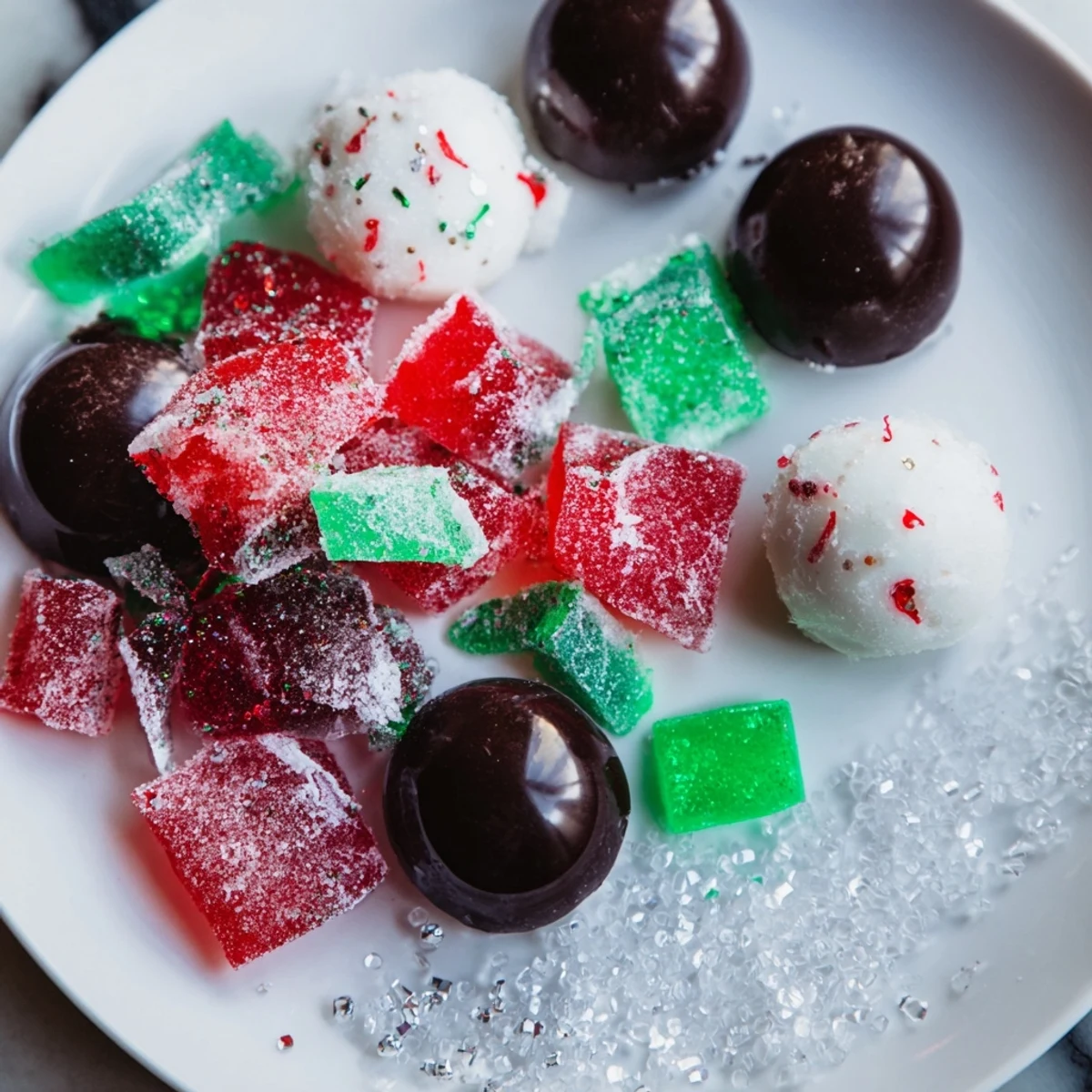 Festive Jingle Bell Rock Candy Display bursting with colorful shards, candies, and glittering holiday treats.