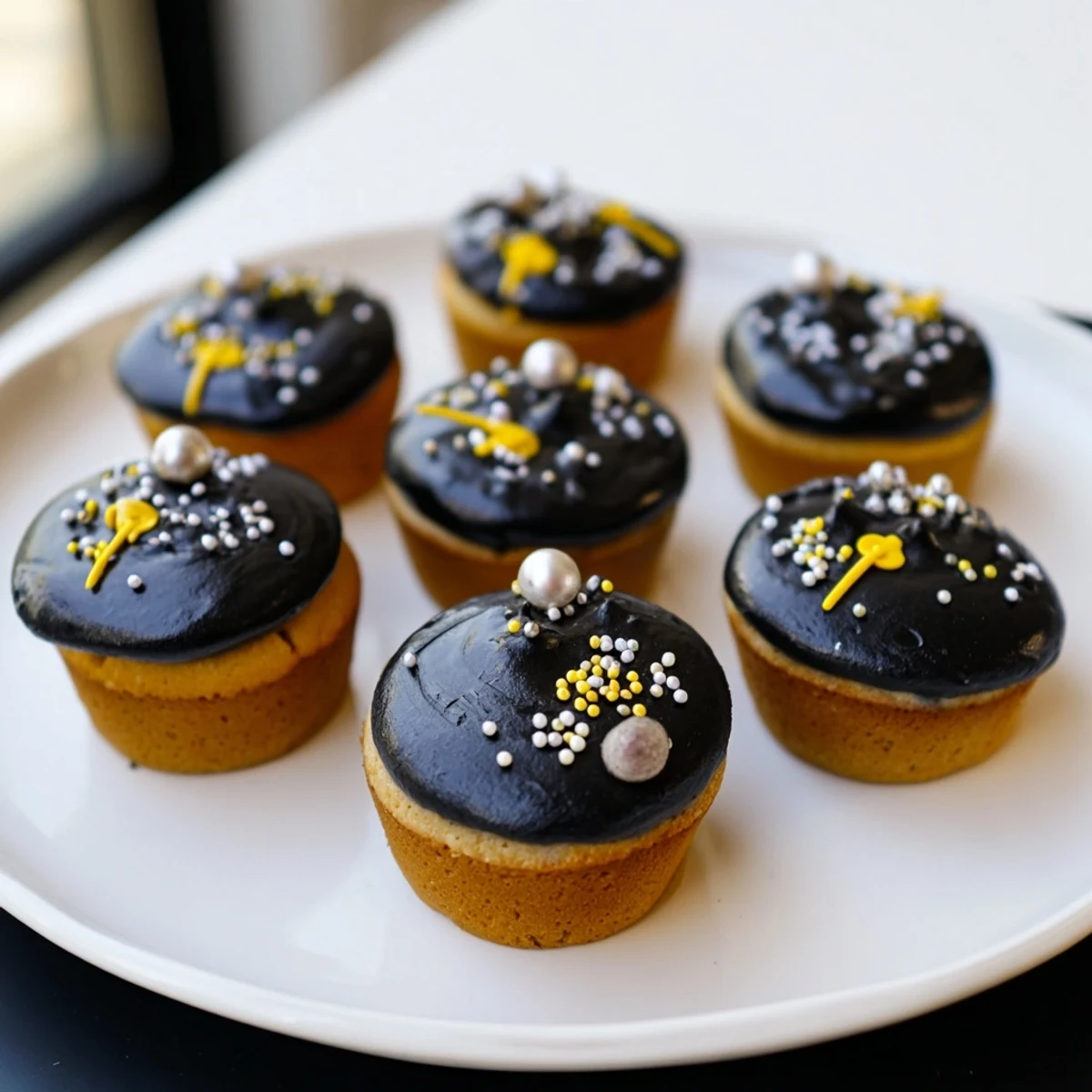 Close-up of golden Countdown Clock Mini Desserts, perfect for a New Year's Eve celebration.