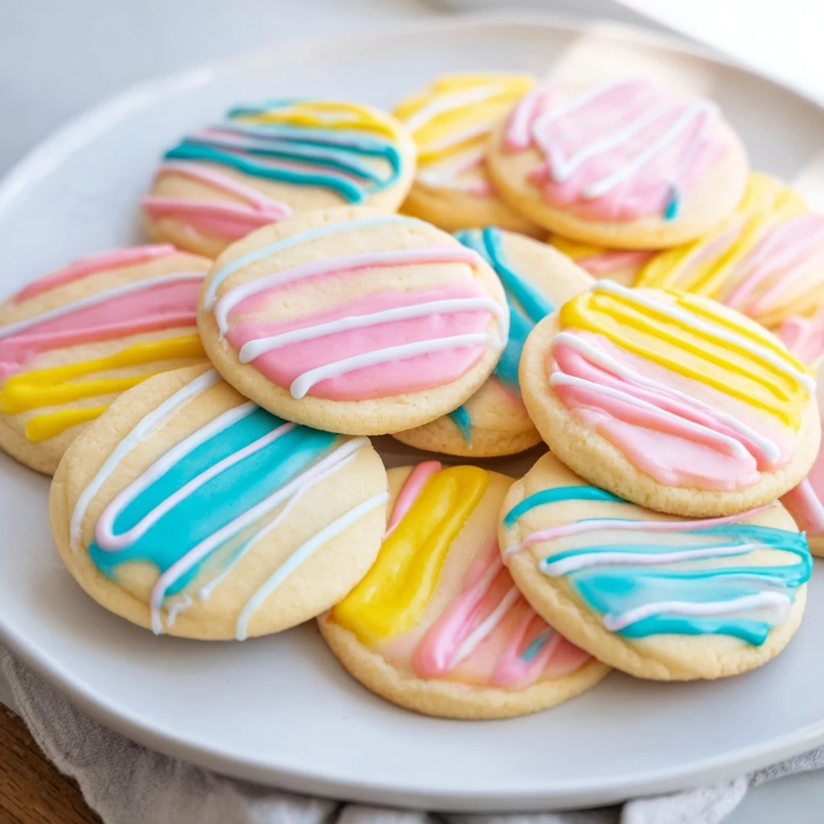 A plate of freshly baked sugar cookies with a vibrant and flavorful icing drizzle.