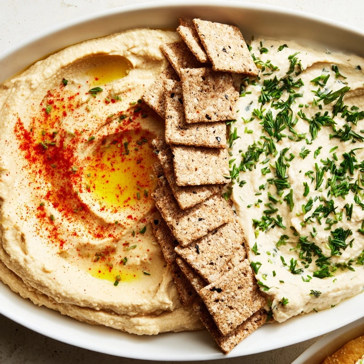 Two bowls of Easy Dips: creamy hummus and yogurt dip beside crisp crackers, ready to enjoy.