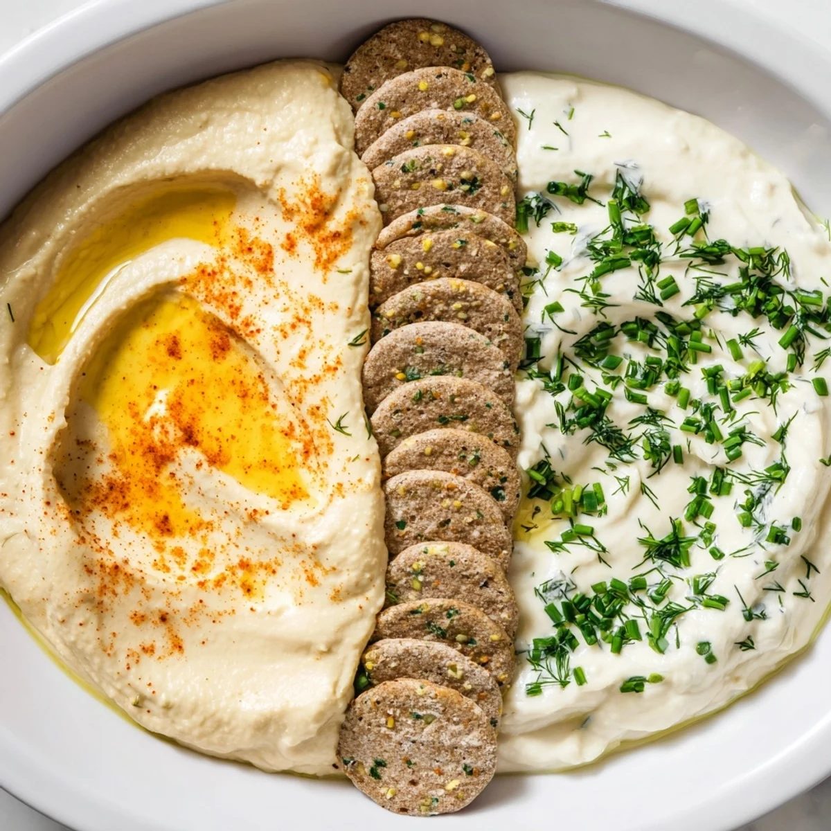 A vibrant food photo showcases Easy Dips – two dips separated by crackers, perfect for any gathering.