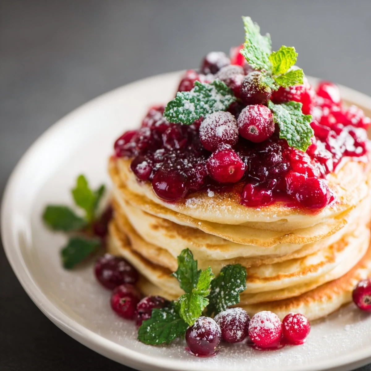 Golden, fluffy pancakes on a Brunch Board: Pancake Stack topped with glossy berry holly sauce, so delicious.