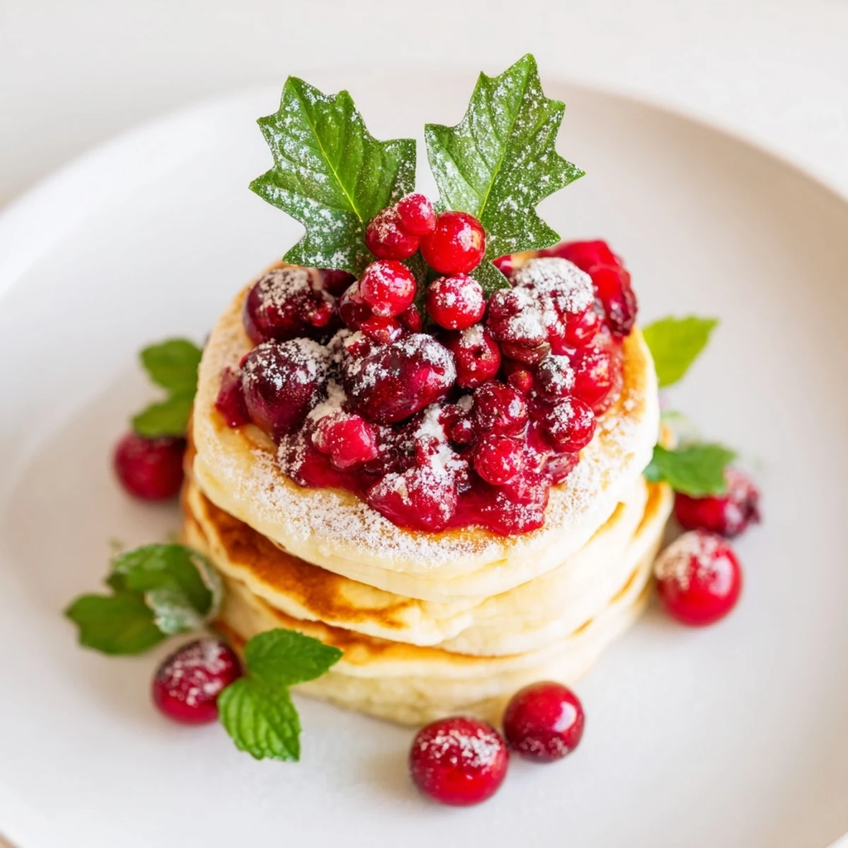 A towering Brunch Board: Pancake Stack layered with vibrant red berry holly compote, ready for brunch.