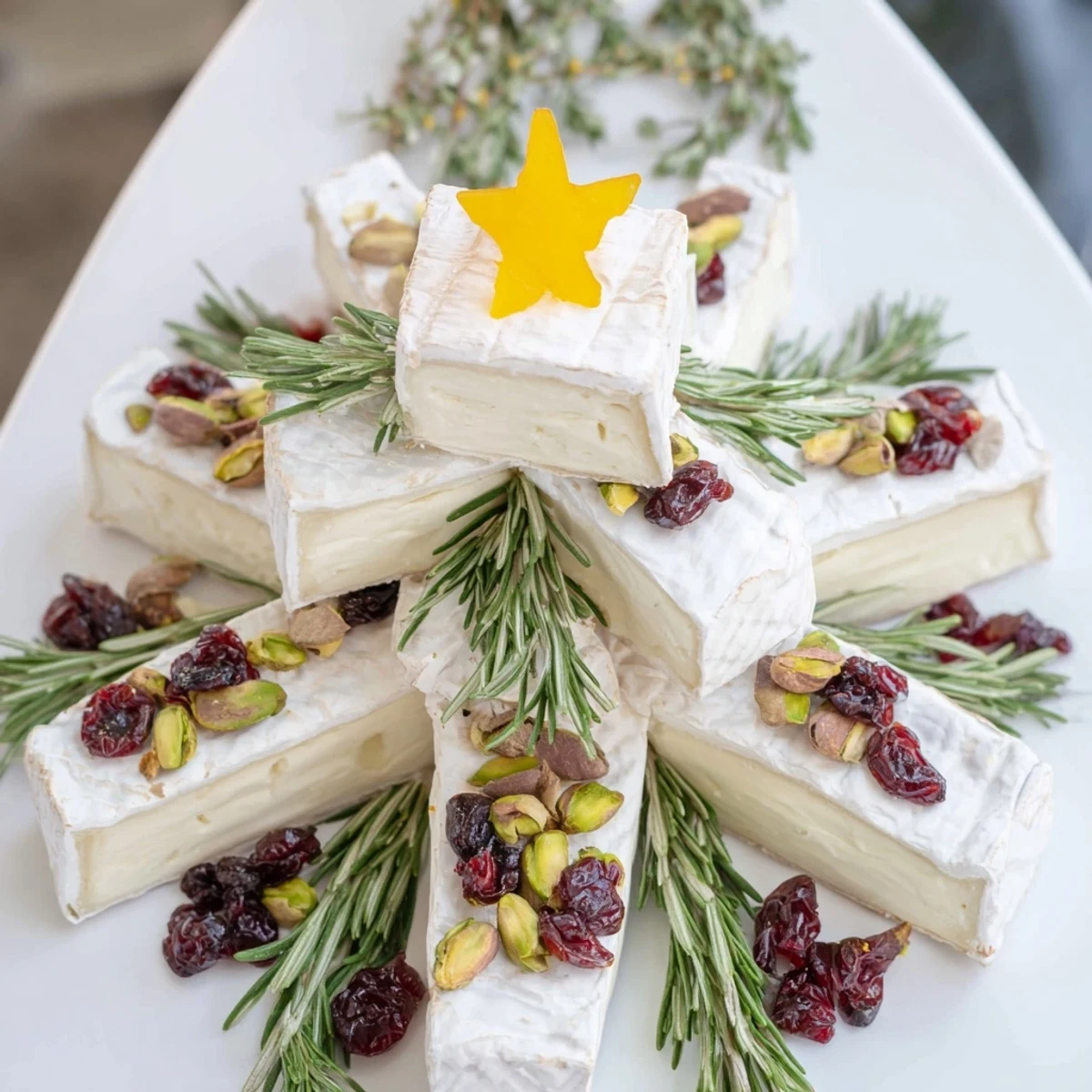 Festive Simple Brie Triangle Cheese Tree appetizer with rosemary, cranberries, and crunchy pistachios.