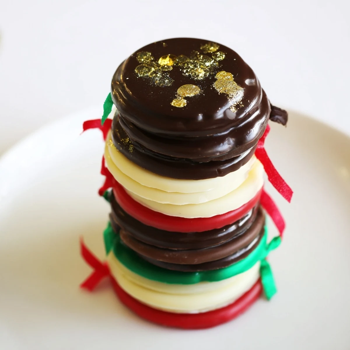 Golden chocolate coin stacks shimmer with glitter, a festive dessert for holiday celebrations.