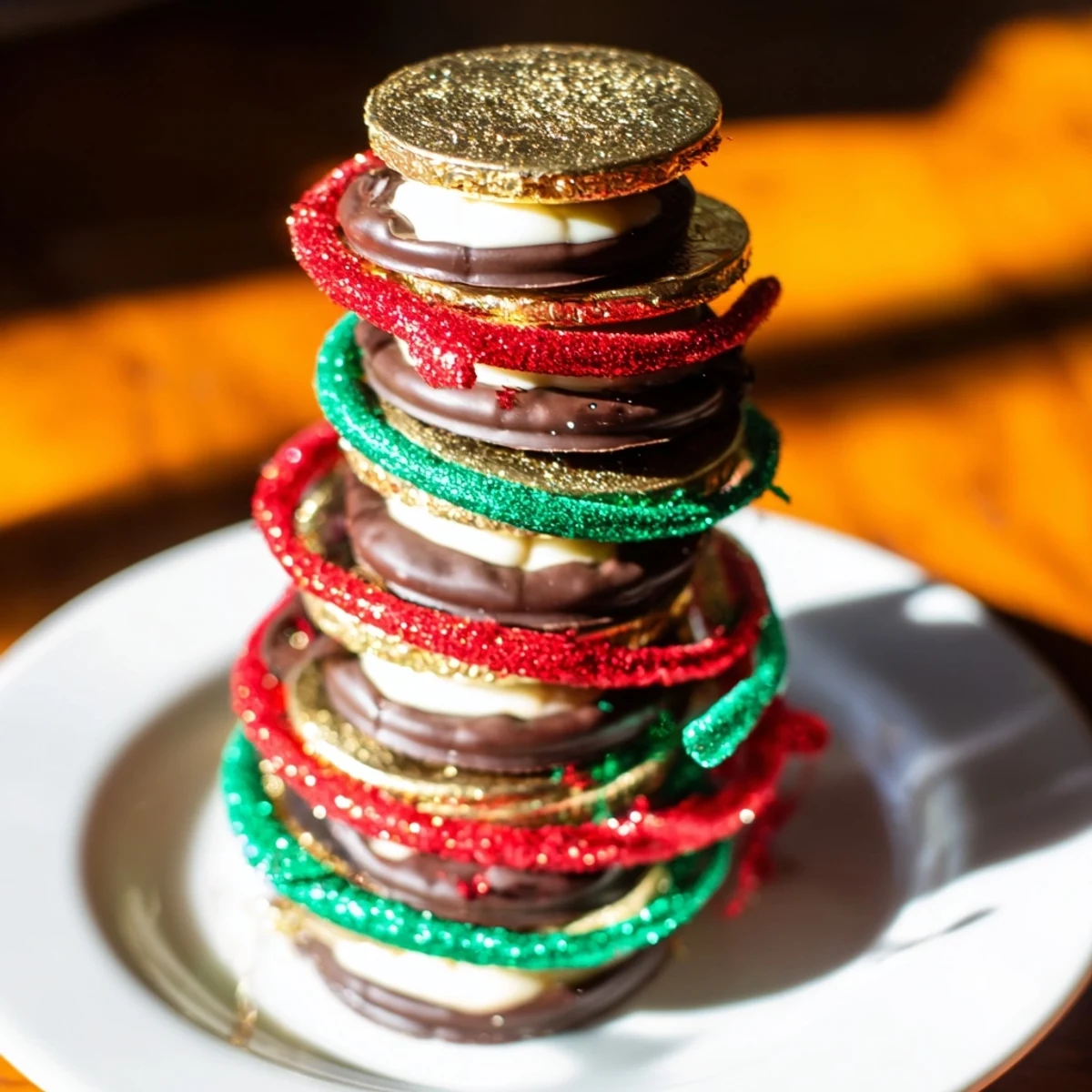 Stacked chocolate gold coins, tied with festive ribbons, create a beautiful holiday centerpiece.