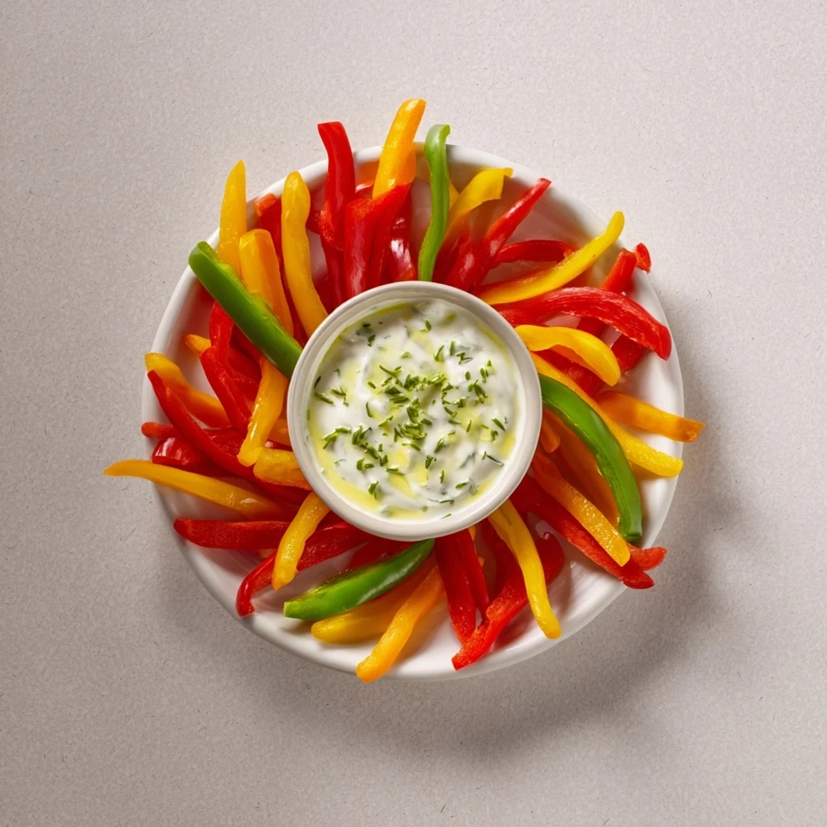 Crisp red, yellow, and green bell pepper strips arranged for dipping in cool, creamy Greek yogurt.