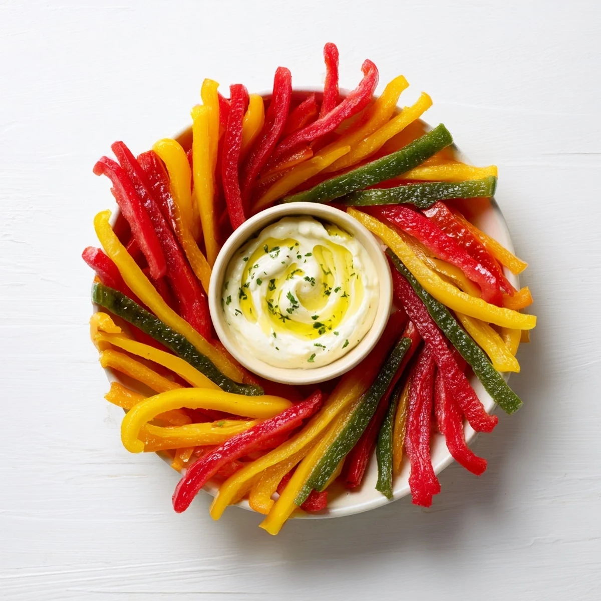 Freshly sliced bell pepper strips alongside a bowl of flavorful creamy Greek yogurt dip for a healthy snack.