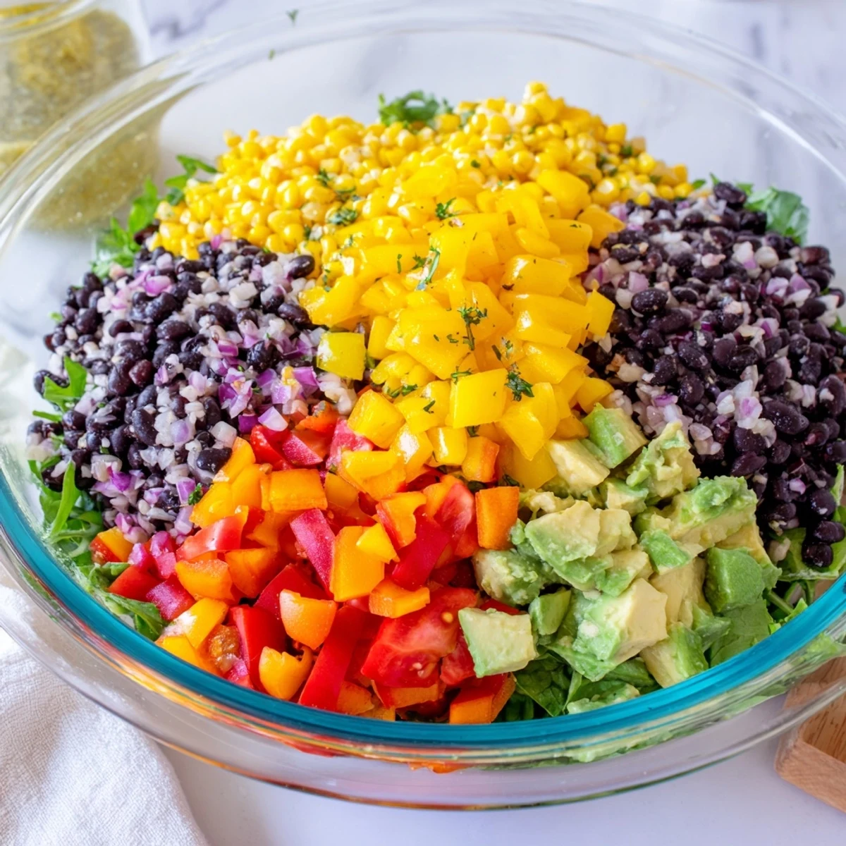 Enjoy a layered Southwest Sunset Palette salad, a beautiful vegetarian meal with fresh cilantro.