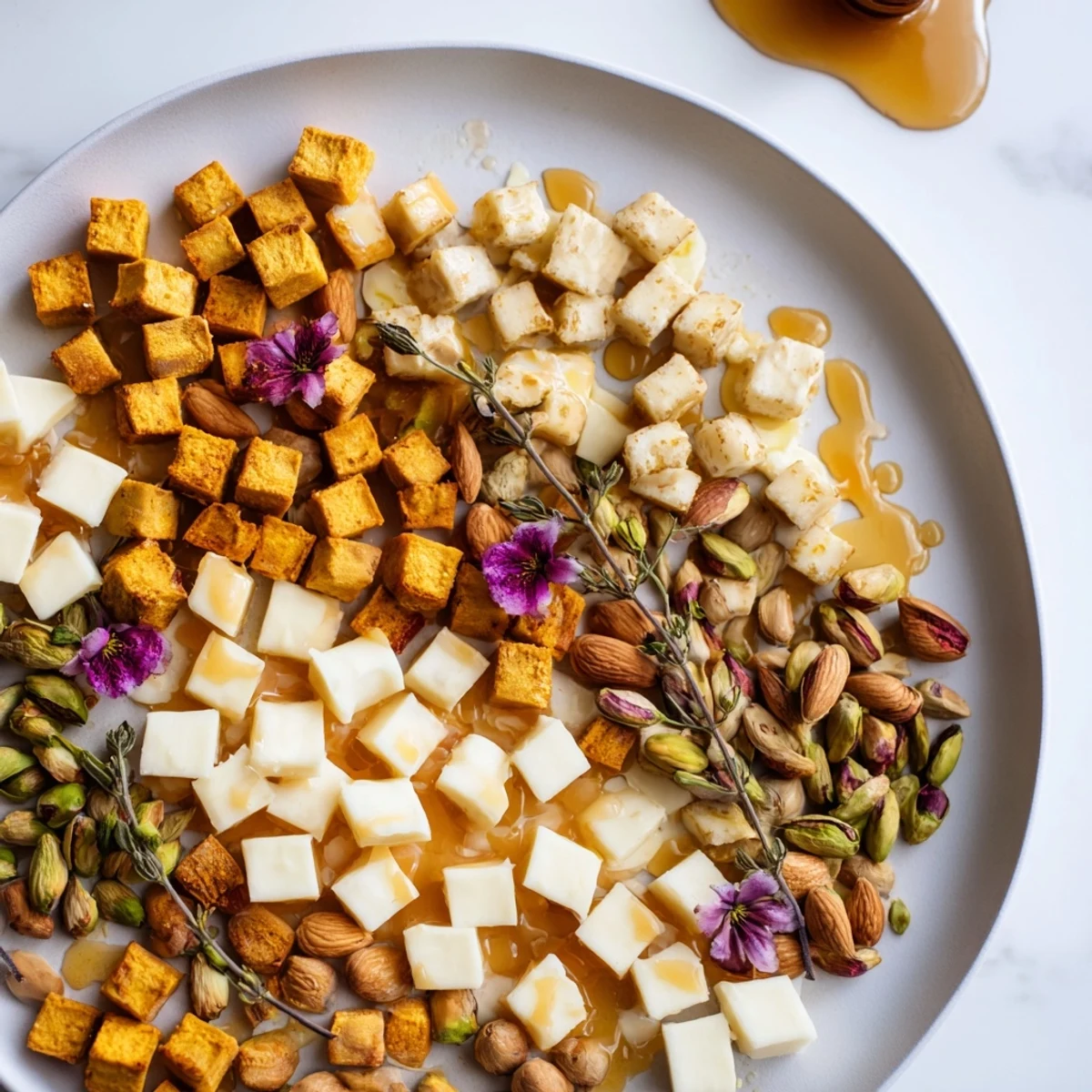 Honeycomb Hexagon Maze cheese platter, arranged with creamy cheeses, nuts, and golden honey drizzle.