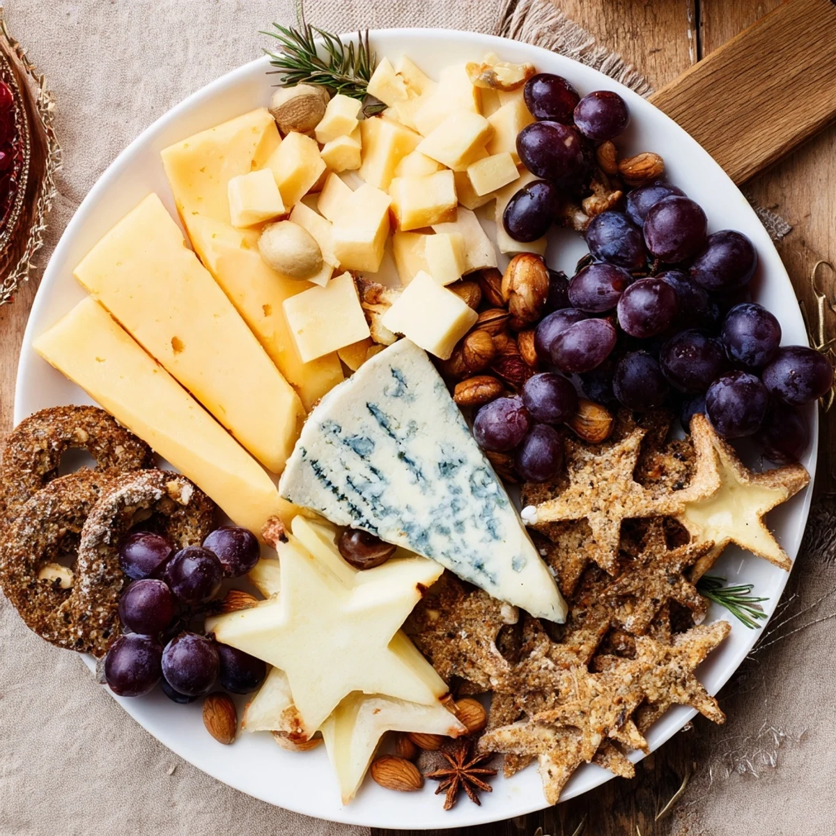 Crescent Moon & Stars Cheese Board: A beautifully arranged cheese board with a crescent of crackers, cheeses, and stars.