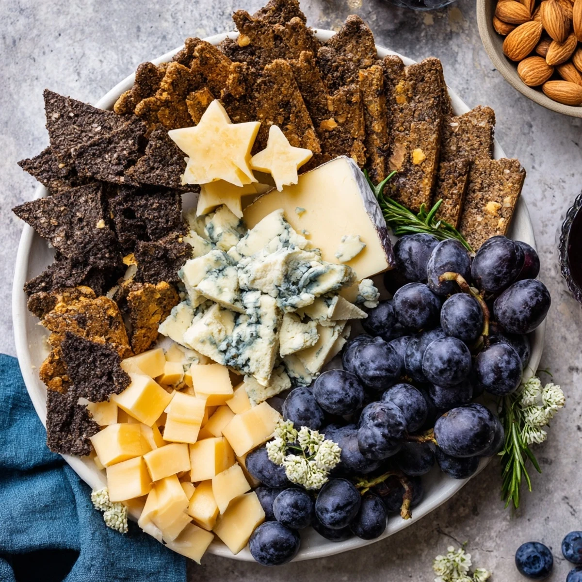 Imagine this Crescent Moon & Stars Cheese Board: a gourmet appetizer featuring an array of cheeses, crackers, and figs.