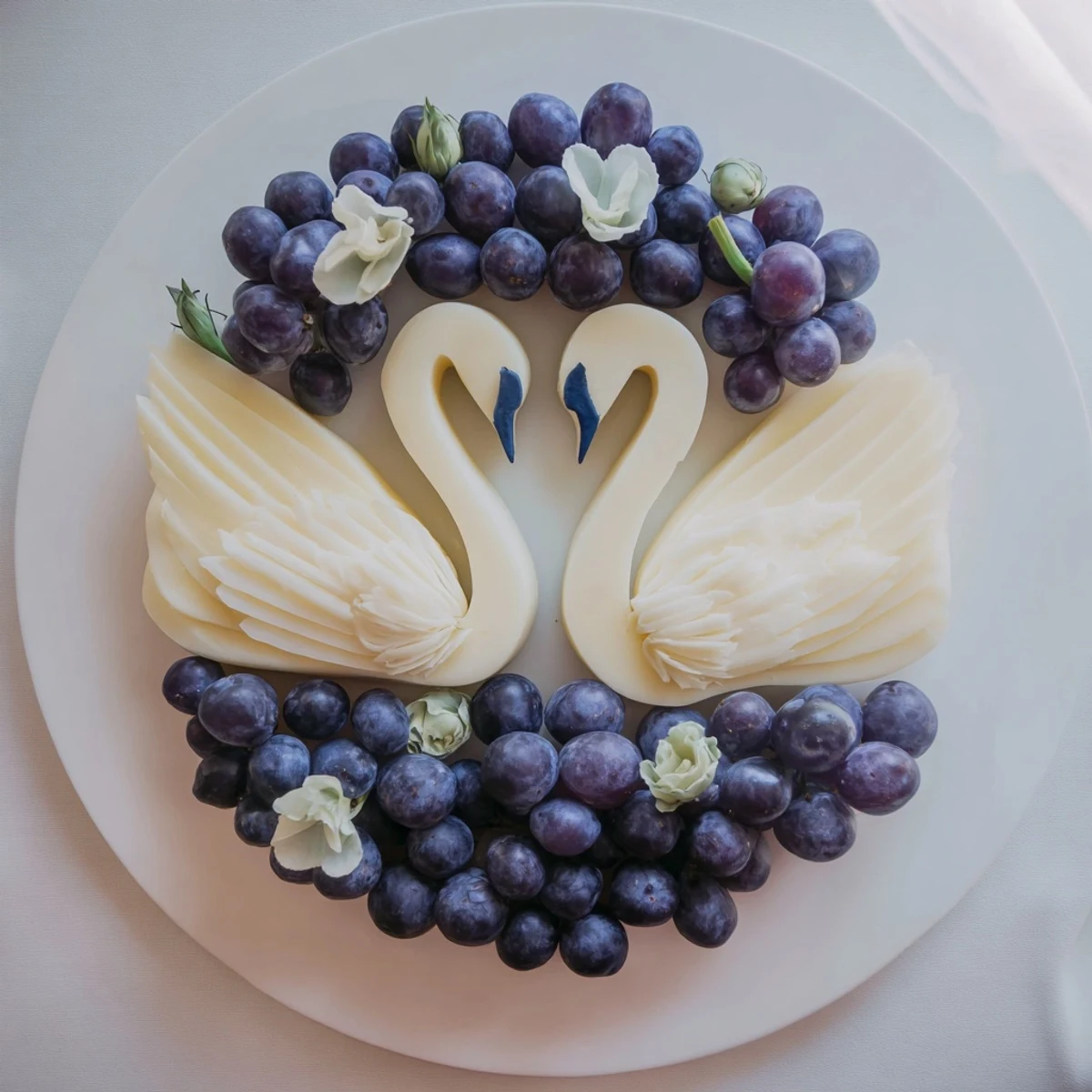Elegant Swan Lake Board with two cheese swans, surrounded by vibrant blue grapes and crisp crackers.