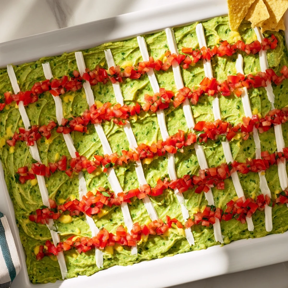 Game Day Football Field Snack Board with vibrant green "field" and assorted, colorful snacks.