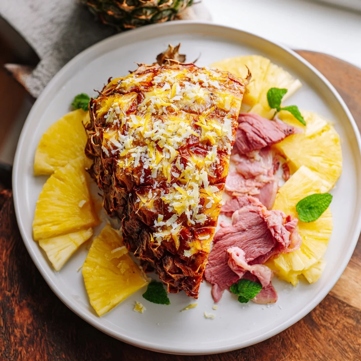 A refreshing serving of Tropical Pineapple Paradise, artfully arranged with tropical fruits and coconut flakes.