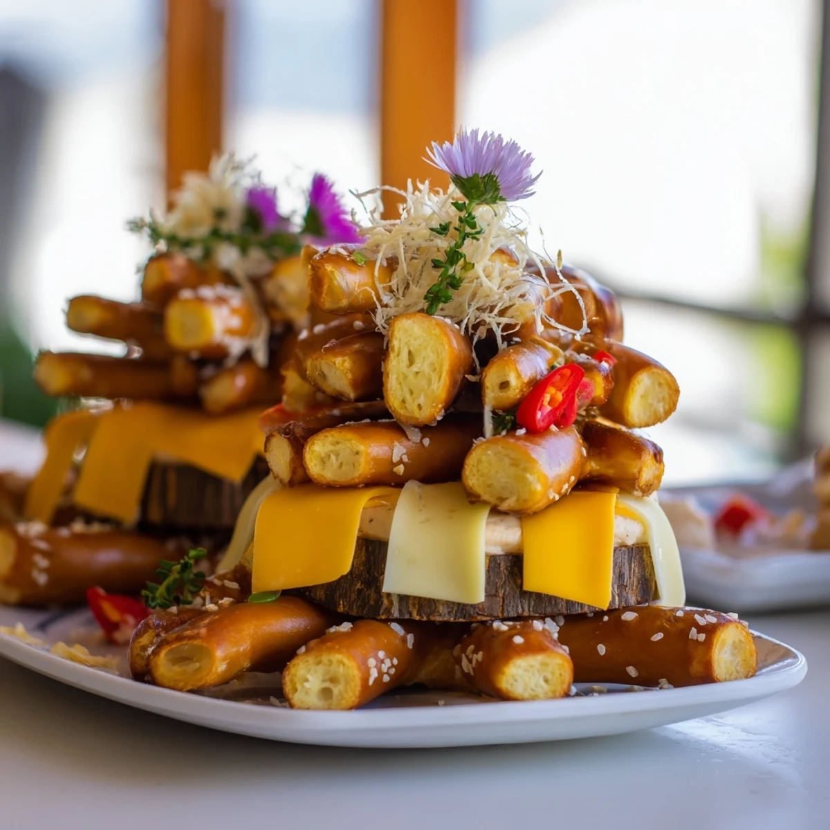 Rustic Log Cabin appetizer showcasing cheddar and mozzarella cheese layered like real logs.