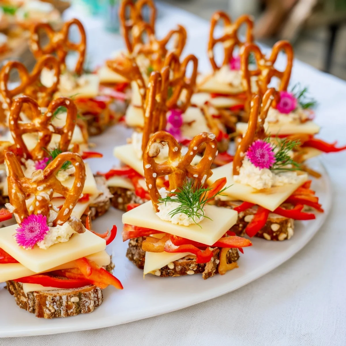 Delicious Rustic Log Cabin appetizer with colorful bell pepper details and crunchy pretzel rod "logs."