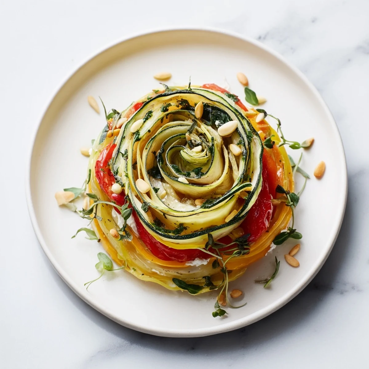 Artfully arranged Snail Shell Spiral appetizer, a colorful spiral of roasted vegetables and creamy goat cheese.